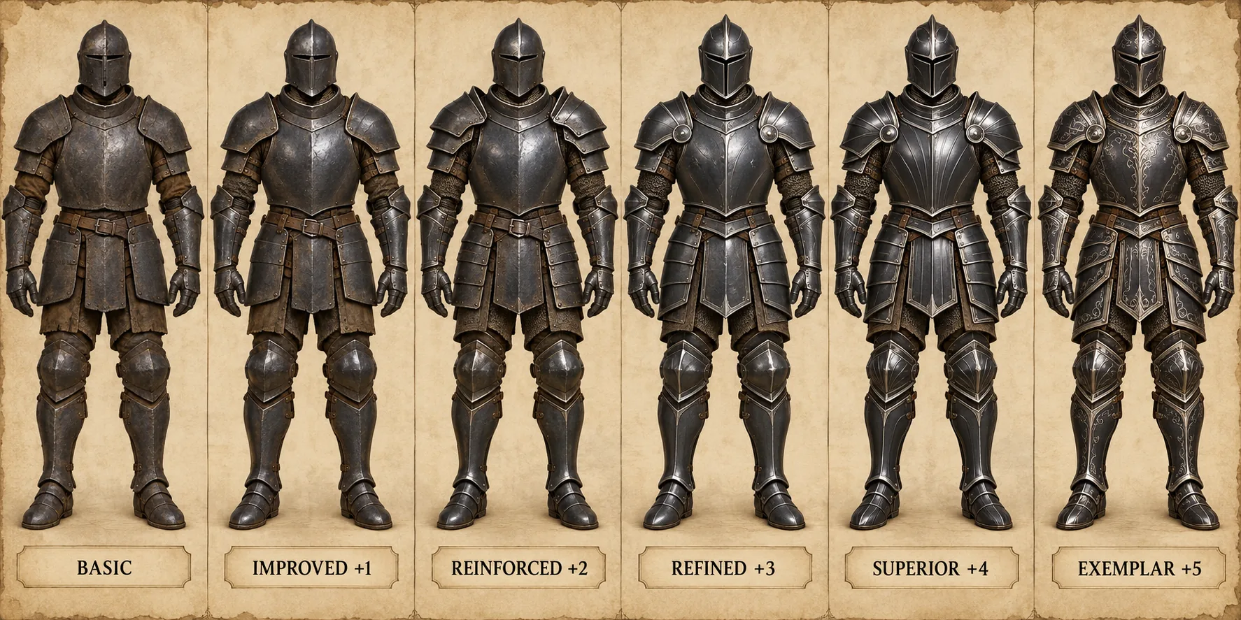 Ironplate Harness progression, showing Basic, Improved plus one, Reinforced plus two, Refined plus three, Superior plus four, and Exemplar plus five