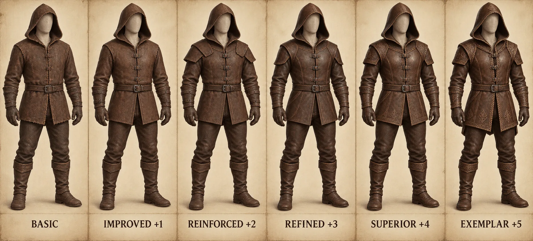 Roughhide Jerkin progression, showing Basic, Improved plus one, Reinforced plus two, Refined plus three, Superior plus four, and Exemplar plus five