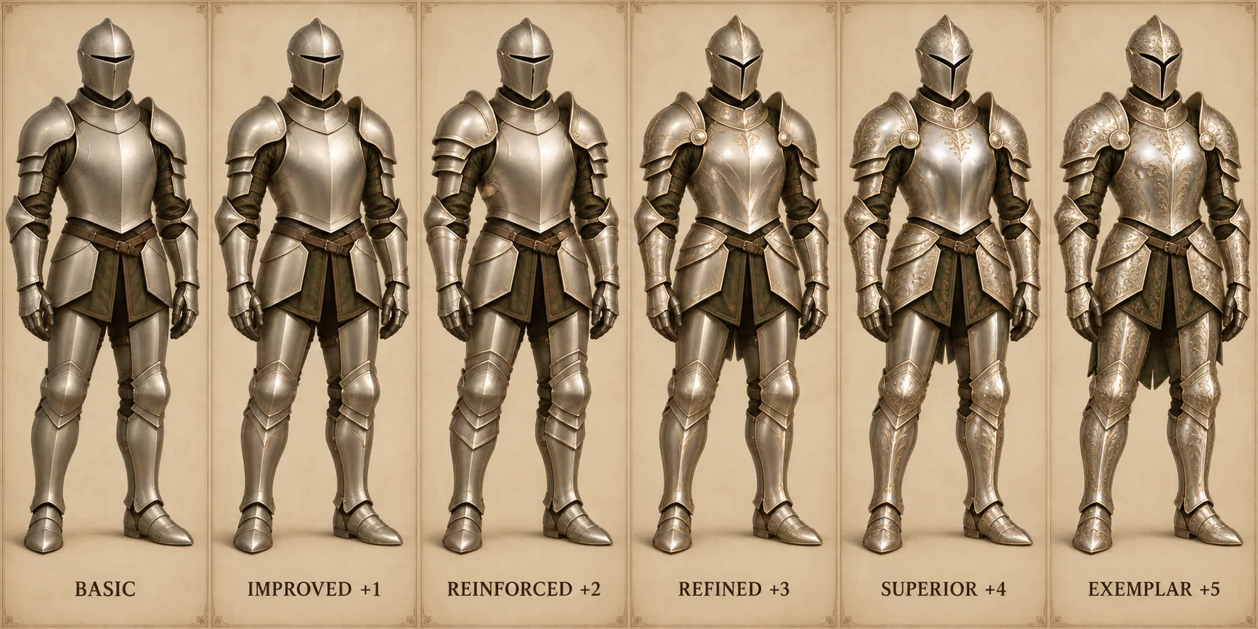 Nickel Plate progression, showing Basic, Improved plus one, Reinforced plus two, Refined plus three, Superior plus four, and Exemplar plus five