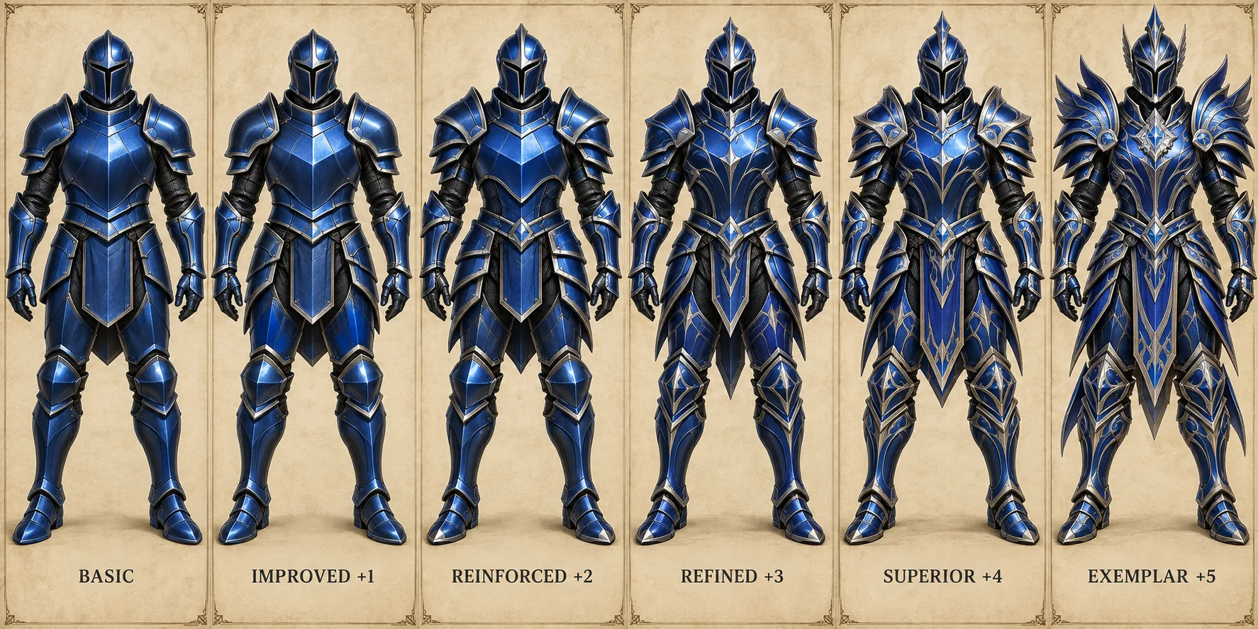 Cobalt Plate progression, showing Basic, Improved plus one, Reinforced plus two, Refined plus three, Superior plus four, and Exemplar plus five
