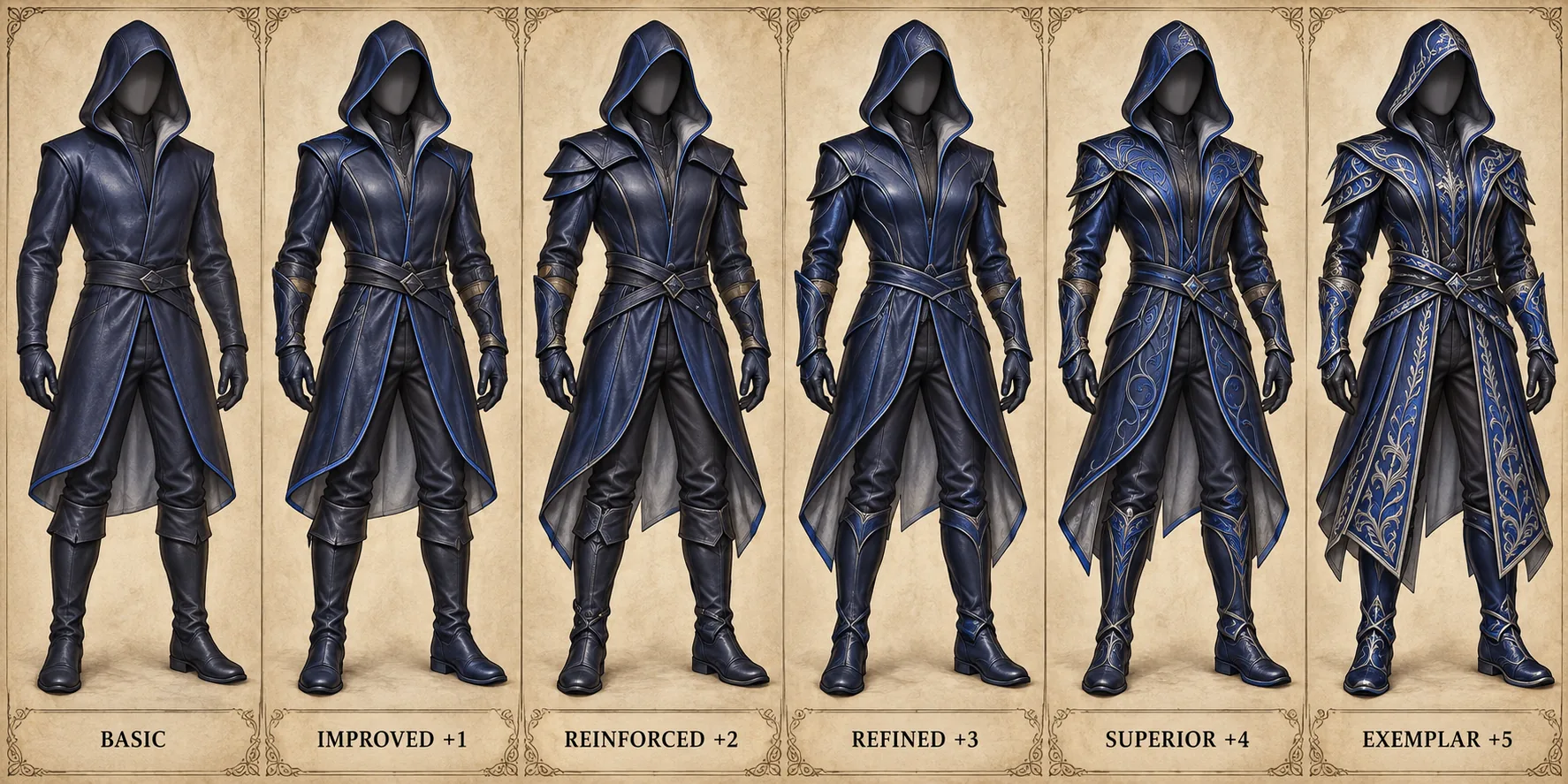 Fine Leather Coat progression, showing Basic, Improved plus one, Reinforced plus two, Refined plus three, Superior plus four, and Exemplar plus five