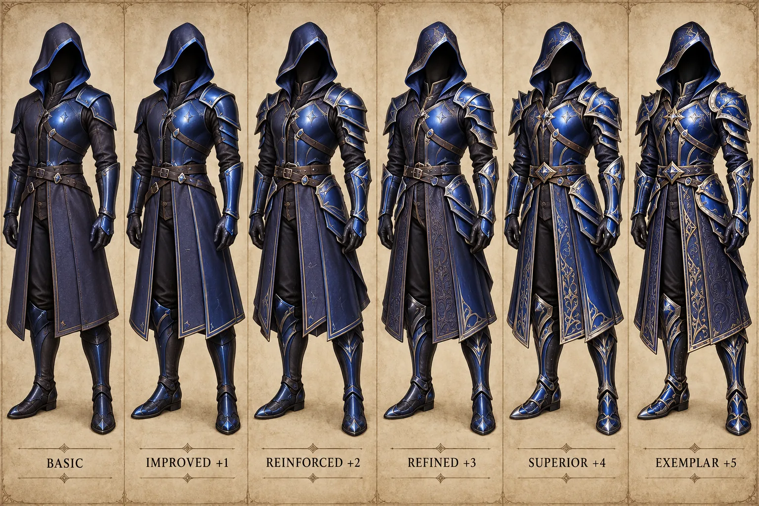 Cobaltbound Cuirass progression, showing Basic, Improved plus one, Reinforced plus two, Refined plus three, Superior plus four, and Exemplar plus five