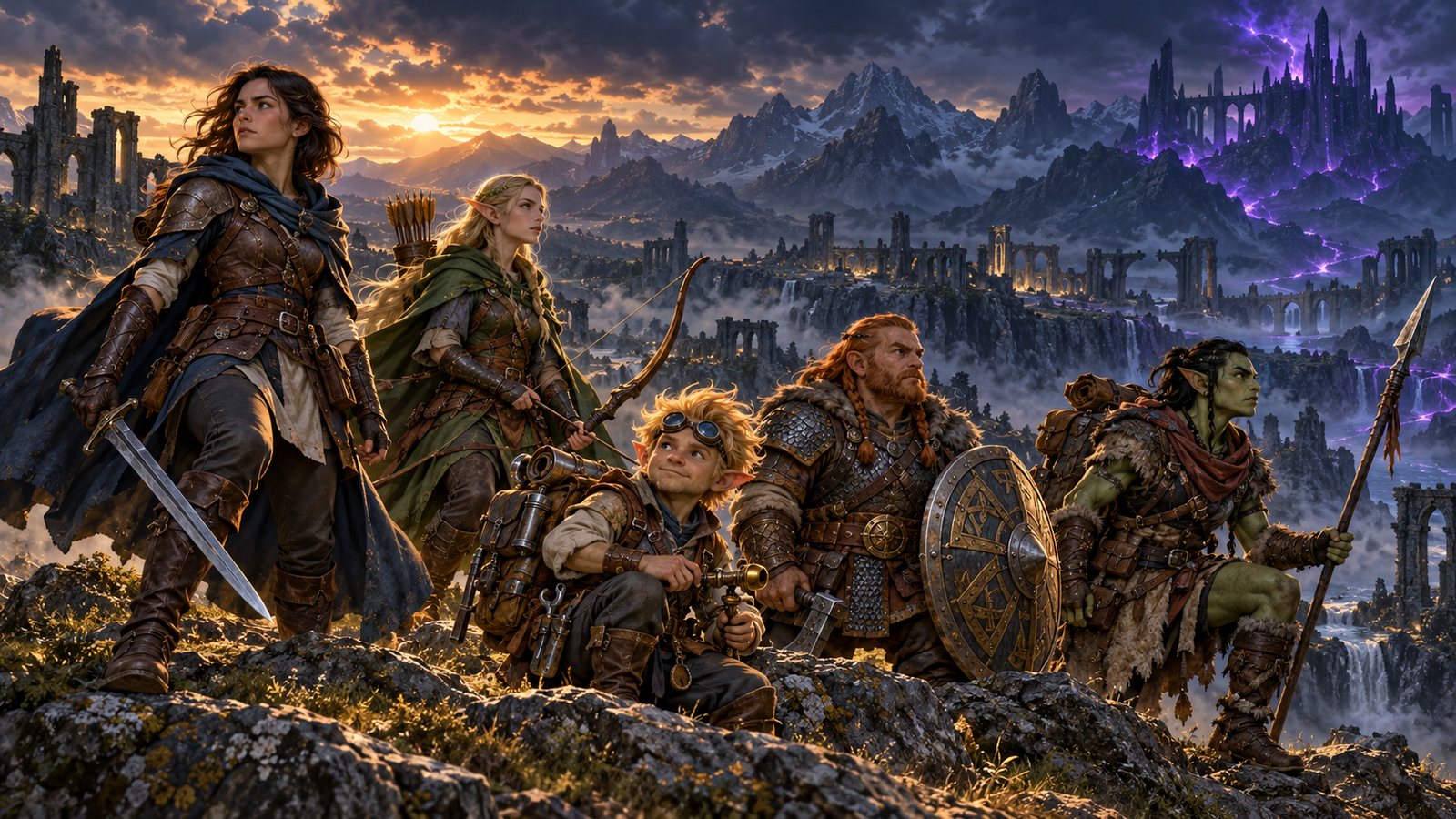 A human, elf, gnome, dwarf, and orc adventurer overlook ancient ruins beneath the Great Mountain
